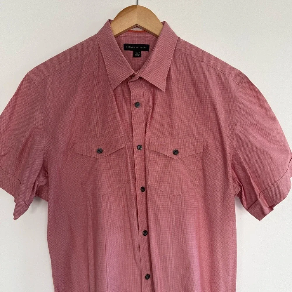 Banana Republic Mens XL Red Micro Check Short Sleeve Button Down Utility‎ Shirt